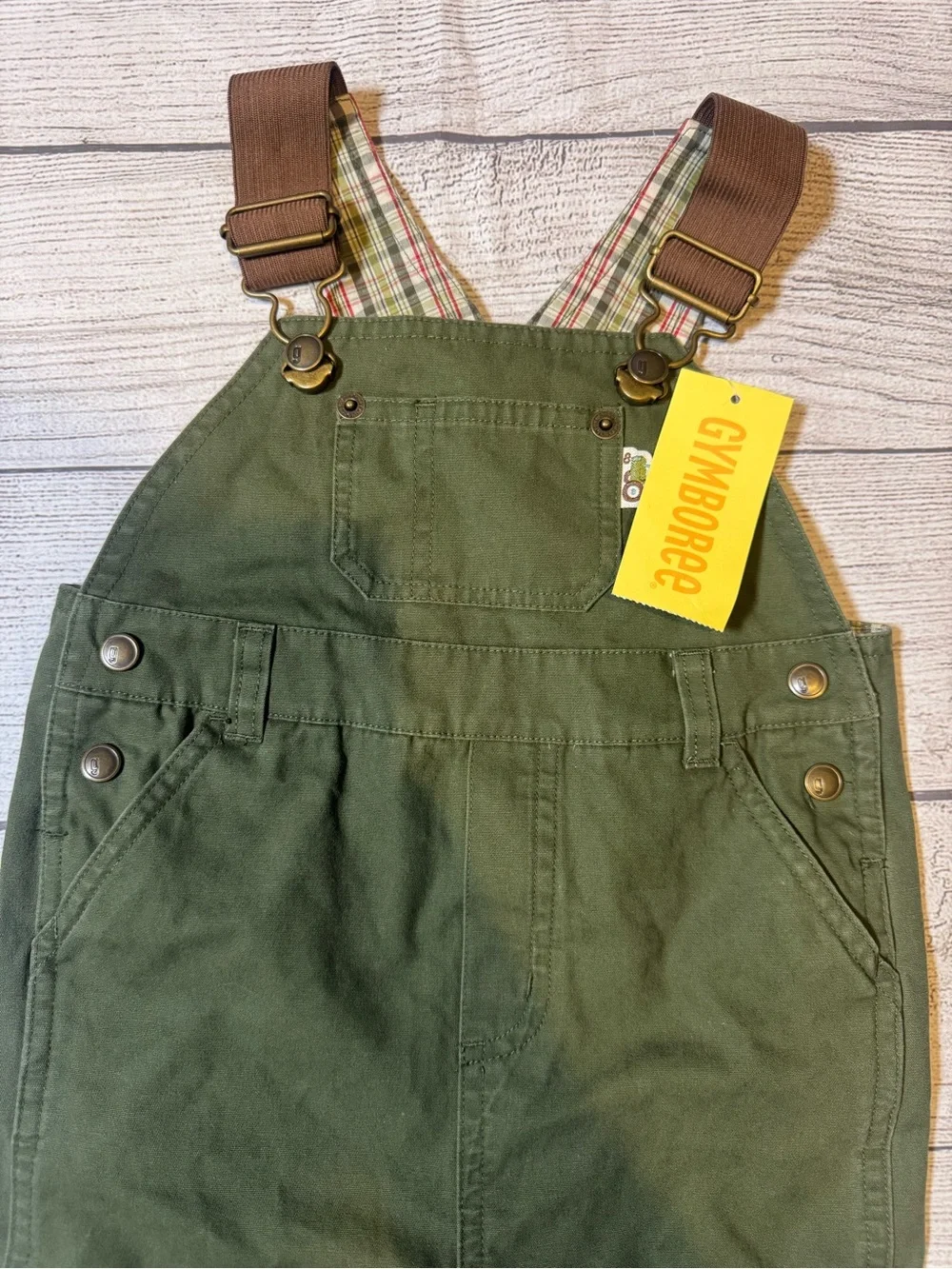 Gymboree Boy Green Overalls with Brown Straps 6 - 12 months